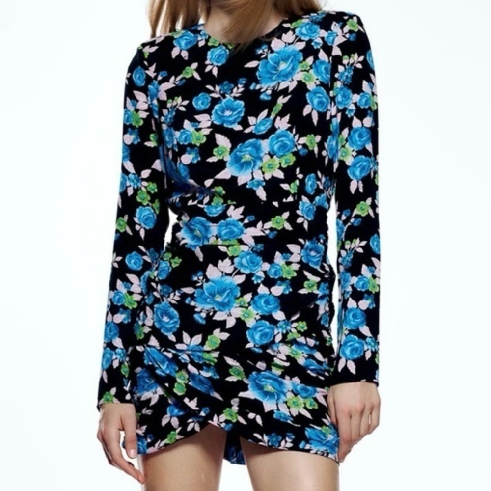 🆕 Zara Blue Floral Open Back Mini Dress XS | Long Sleeve Ruched - Picture 3 of 17
